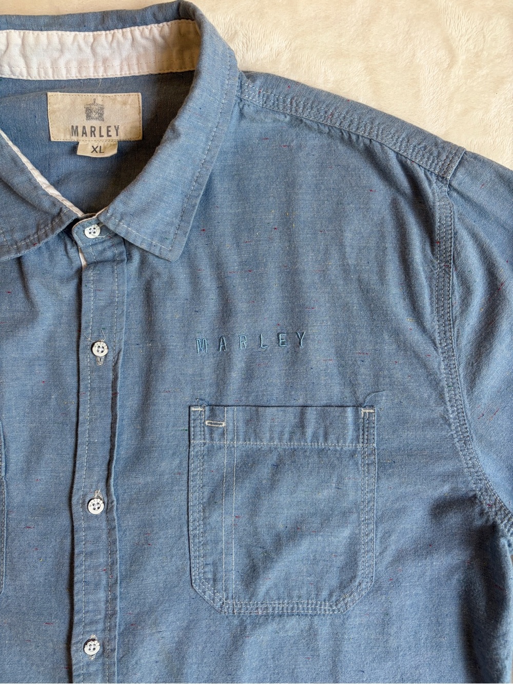 Marley Men’s Slub Chambray‎ Button-Up Shirt Light Blue Size XL Pocket Casual